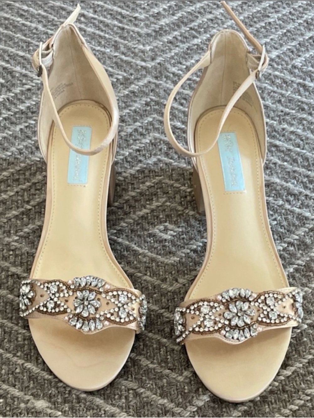 Betsey Johnson Beige Rhinestone Ankle Strap Strappy Block Heel Sandals 7.5M